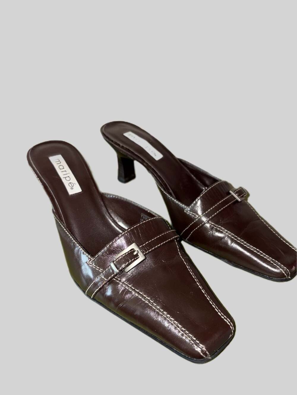 Maripé Brown Leather Square Toe Buckle Mule Kitten Heels
